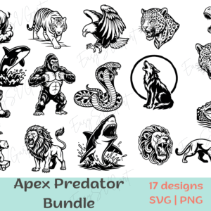 Apex Predator SVG Bundle with 17 animal designs including Lion, Shark, Wolf, Tiger, and T-Rex silhouettes for Cricut and Laser cutting.